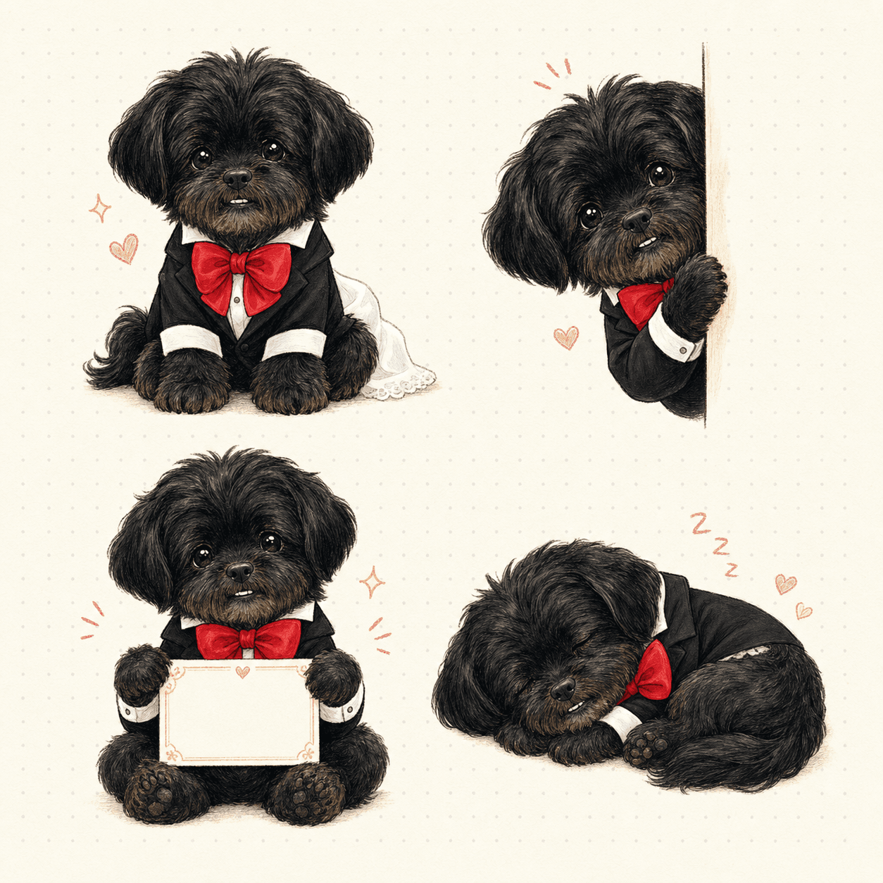 Lamby, a tiny shaggy black dog in a tuxedo, peeking over the page
